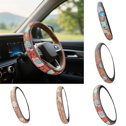 Steering Wheel Cover Western Car Tooled Leather Retro Cowboy Car & Truck Accessory, Universal 15 Inch Non Slip Wheel Cover for SUV, Pickup, Comfortable Grip, Easy to Install (Brown)