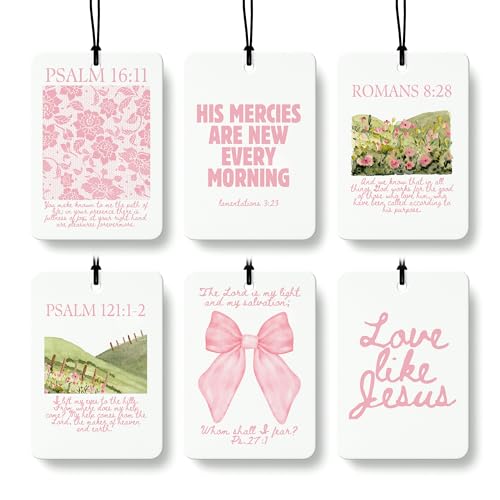 Pink Christian Car Air Freshener 6 Pcs, Pink Bow Flower Religious Bible Verse Hanging Air Freshener for Cars Closet Drawer Books, Christian Girly Car Accessories Mirror Decor for Women - color: 6 Pas Christmas