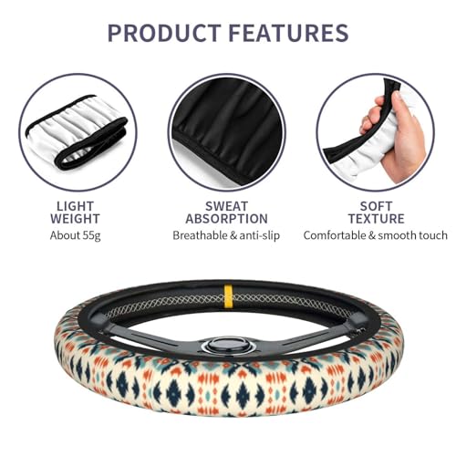 Aztec Steering Wheel Cover with 2 Car Coasters Non Slip Neoprene for Women Men Universal 15 Inch - color: Aztec