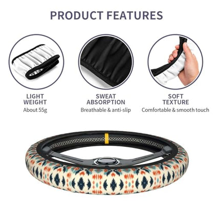 Aztec Steering Wheel Cover with 2 Car Coasters Non Slip Neoprene for Women Men Universal 15 Inch - color: Aztec