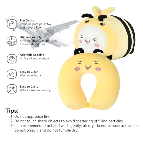 Kids Travel Pillow - 2-in-1 Deformable Kids Neck Pillow for Traveling, Soft U-Shaped Pillow with Adorable Animal Design, Comfy Sleep and Play, Ideal for Airplane Traveling - Yellow Bee - size: Yellow Bee