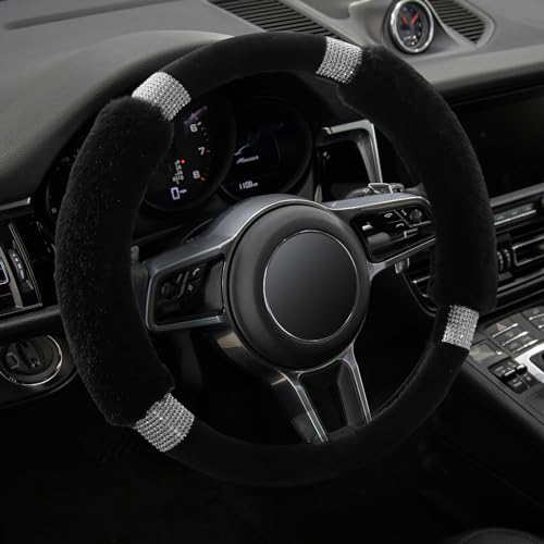Achiou Rhinestone Fluffy Steering Wheel Cover - Comfortable Non-Slip Luxury Faux Wool, Universal Fit for 14.5" to 15" Steering Wheels - color: Black and Black