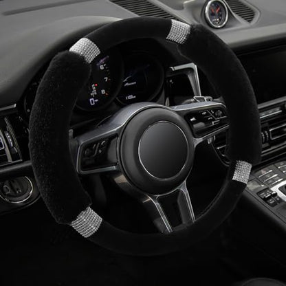 Achiou Rhinestone Fluffy Steering Wheel Cover - Comfortable Non-Slip Luxury Faux Wool, Universal Fit for 14.5" to 15" Steering Wheels - color: Black and Black