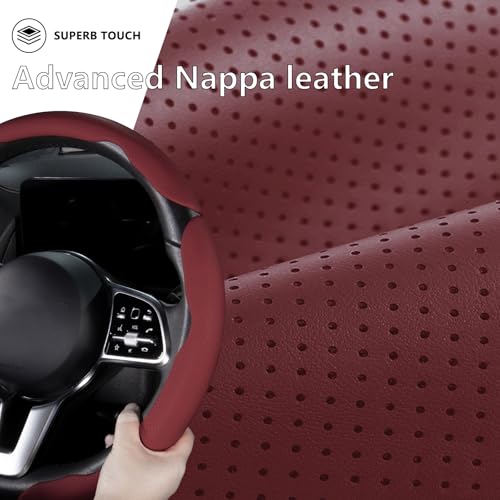 Car Steering Wheel Cover Leather Snap On 3Pcs Set Non-Slip Protector Wrap Steering Wheel Accessories 14.5-15 inch Universal Wine Red - color: Wine Red