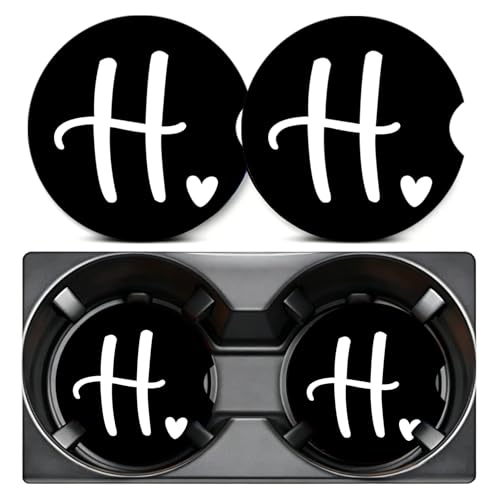 2PCS Letter H Car Cup Holder Coasters,Simple Initial Car Coasters Cars Accessories Interior Decor Universal Neoprene 2.75" Anti-Slip Rubber Mat with Finger Slot,Monogram Gifts for Women, Men, Driver - color: Initial H