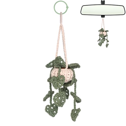 DICHA Crochet Hanging Plant - Aesthetic Car Accessory for Women - Rear View Mirror Leaf