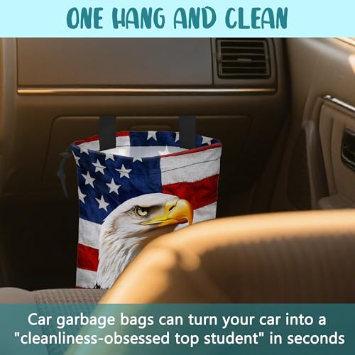 Car Trash Bag American Flag and Eagle Leak-Proof Car Garbage Bag with Drawstring Foldable Canvas Trash Bin with Adjustable Buckle for Car Accessories, Travelling, Camping - color: American Flag and Eagle