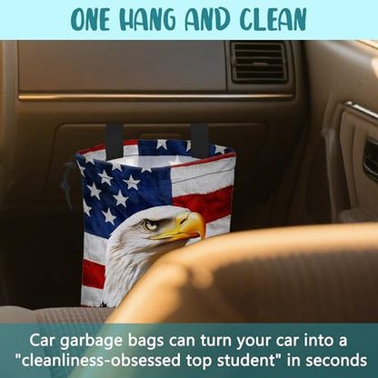 Car Trash Bag American Flag and Eagle Leak-Proof Car Garbage Bag with Drawstring Foldable Canvas Trash Bin with Adjustable Buckle for Car Accessories, Travelling, Camping - color: American Flag and Eagle