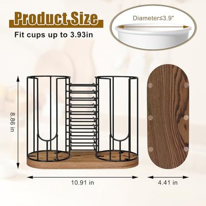 Coffee Cup Dispenser Rack with Wood Base, 18oz Cup Holder Organizer for Storing Paper Cups, Straws, Lids and Disposable Tableware(3-compartment) - color: Black 3-Compartment