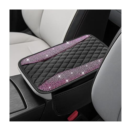 Bling Car Center Console Cover, Sparkling Leather Armrest Cushion Pad with 2 Storage Pockets, Comfortable Shiny Middle Console Cover for Most Vehicles, Car Accessories (Black & Pink) - color: Black & Pink