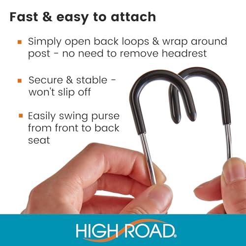 High Road Metal Car Hooks - Hard Hat Holder for Truck and Unbreakable Headrest Hooks for Car for Large Straps and Heavy Bags up to 40 lbs - Secure Attachment Loops Fit All Headrest Posts, 2-Pack