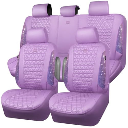 CAR PASS Light Purple Bling Diamond Leather Car Seat Covers Full Sets, Waterproof Shining Glitter Sparkly Crystal Universal Armrest Fit for Automotive Truck SUV Cute Women Girl,Lavender Rhinestone - color: Purple Rhinestone Lavender, size: Full Set