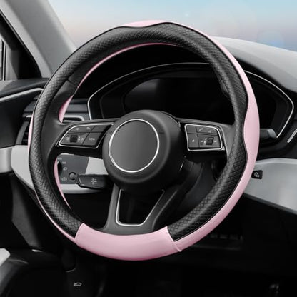 Soft Premium Leather Steering Wheel Cover, Breathable, Non-Slip Grip, Universal 15 Inch for Women Girls, Fit Vehicles, Sedans, SUVs, Vans, Trucks - Light Pink