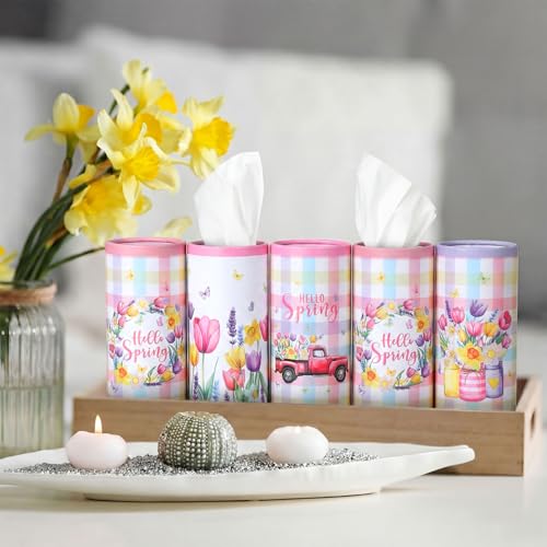 12 Pack Hello Spring Car Tissue Cylinder Holder Bulk with 3 Ply Facial Tissues Flower Round Napkin Holders for Cup Holder Cylinder Floral Mason Jar Travel Paper Tubes Bulk Napkin Boxes Packs - style: Hello Spring