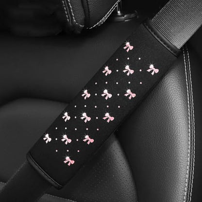Bling Car Seat Belt Cover, 2PCS Rhinestone Cute Bow Comfort Vehicle Seatbelt Shoulder Pad, Diamond Automotive Interior Harness Neck Cushion Protector Accessories, Universal Fit (Pink)