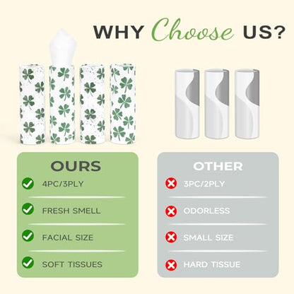 Car Tissue Holder (4 PK) - 50 3-Ply Tissues Cylinder, Fits Car Cup Holders, Portable Travel Tubes Box Container, Clover Design, Round Tissue Container for Car Accessories - style: Clover