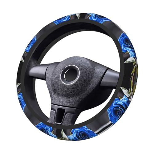 Blue-Rose Floral Steering Wheel Covers,Anti Slip Sweat Absorption Elasticity Car Accessories Steering Wheel Protector Universal 15 Inch for SUV Sedan Vans Trucks - color: 25