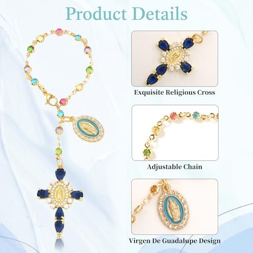 Virgen De Guadalupe Car Charm - Steering Wheel Accessory & Rearview Mirror Hanging, Cross Pendant Automotive Protection Decor - color: Gold-navy
