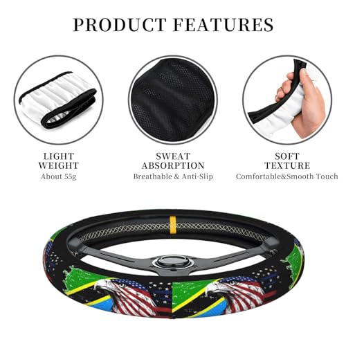 Tanzanian Flag America Eagle Breathable Neoprene Steering Wheel Cover - Anti-Slip Floral Design Universal Fit for Cars/Trucks/Suvs (14.5"-15" Inch) - color: Tanzanian Flag America Eagle