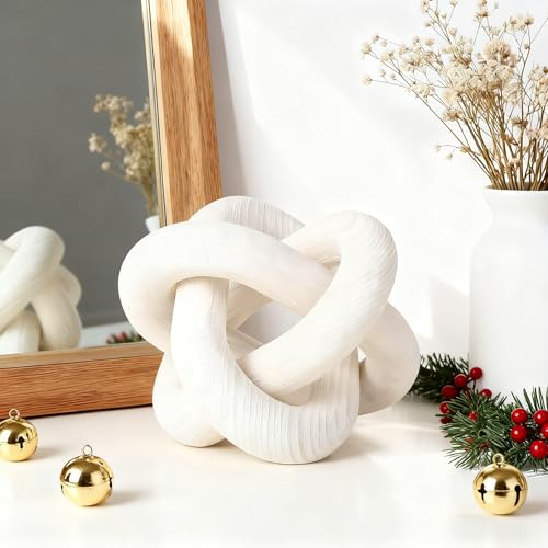 Wood Knot Chain Link Decor, 3 Link Boho Wooden Hand Carved Decorative, Handcrafted for for Coffee Table Entryway Modern Farmhouse Shelf Decoration(White) - color: White