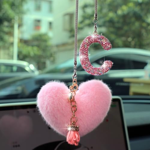 Bling Pink Car Accessories for Women Letter Charm, Rainbow Color Rear View Mirror Cute Crystal Pendant Car Decorations, Lucky Gifts Diamond Rhinestone Charm Interior (C, Tassel Heart) - color: Pink C