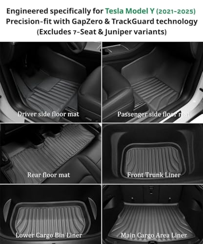 SUPER LINER 6-Piece Floor Mats & Cargo Liners Compatible with Tesla Model Y 2020-2024 5-Seat, 5D Laser Measured All-Weather Floor Liners with Trunk Frunk Mats & Door Sill Threshold Guards, Black - size: 6 PCS Compatible with Model Y 5-Seat | Large