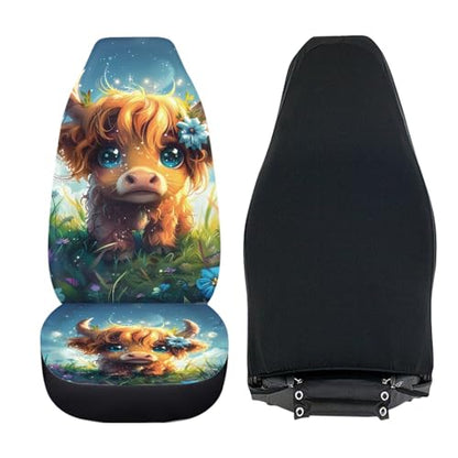 INSTANTARTS Cute Highland Cow Car Seat Covers Full Set of 2 Vehicle Protector Front Seats Covers Stretchy Washable Car Accessories Bucket Seat Cover - color: Cute Highland Cow