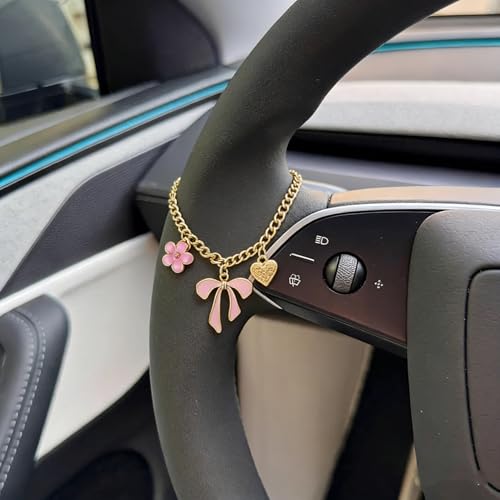 3 Pcs Christian Car Accessories for Women - Rear View Mirror Cross, Steering Wheel Rosary Charm & Air Vent Clip - Cute Girly Bling Car Decor (Pink)