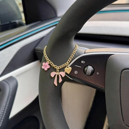 3 Pcs Christian Car Accessories for Women - Rear View Mirror Cross, Steering Wheel Rosary Charm & Air Vent Clip - Cute Girly Bling Car Decor (Pink)