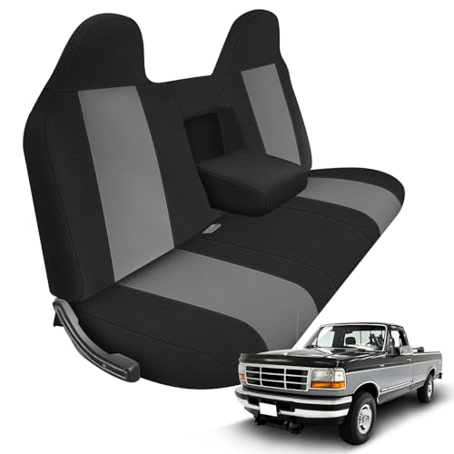 Truck Seat Cover Compatible with 1993-1998 Ford Truck Regular XCab Crew Cab, Front Solid Bench Seat with Molded Headrests and Integrated Center Armrest Seat Cover - color: Black and Charcoal