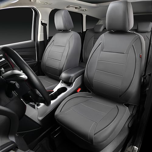 CAR PASS Piping Faux Leather Car Seat Cover Full Set,Grey Breathable Leather Seat Covers for Cars, Airbag Compatible,Universal Fit for SUVs,Van,Sedans,Small Trucks (Full Set, All Gray) - color: Grey with charcoal stripes