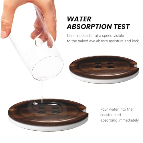 Wooden Buttons 2 Pack Car Cup Holder Coasters Absorbent Ceramic Drink Coasters 2.56" Universal Anti Slip Cup Mat with Non-Scratch Cork Base Finger Notch Auto Accessories Interior for Women Men