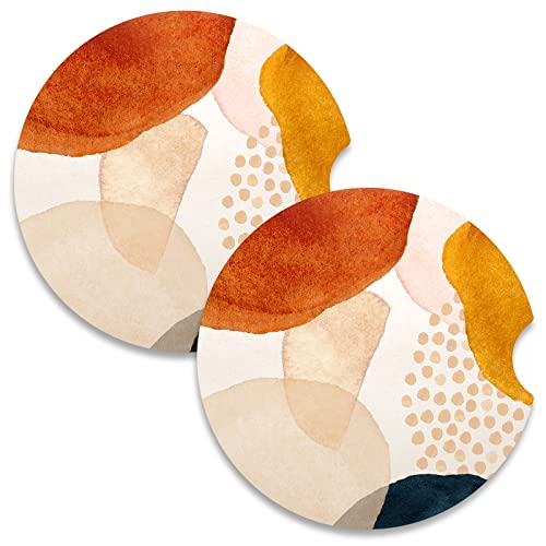 Car Coasters for Cup Holders, 2 Pack Absorbent Ceramic Car Cup Holder Coaster for Drinks, Cute Auto Assecories for Women Men, Size 2.56 in with Finger Notch & Cork Base, Simple Art - color: Simple Art