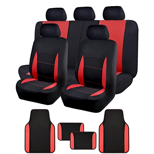Flying Banner Car Seat Covers Front Seats Rear Bench Polyester car seat Protectors Easy installations Rear Bench Split Classic Man Lady Truck (Full Set - Low Back - Combo Pack, Black Red) - color: SC & Floor Mats Black Red