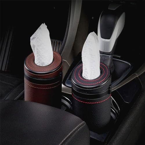 2 Pcs Car Tissue Holder, Multi-Purpose Round PU Leather Paper Tube with Window Breaker for Travel Facial Tissues Organizer, Car, Home, Bathroom, Office Use(Black&Brown)