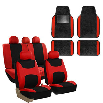 FH Group Light & Breezy Cloth Seat Full Car Seat Covers (Airbag & Split Ready) with Carpet Floor Mats- Universal Car, Truck, SUV, or Van (Red/Black) FB030115 - color: Red