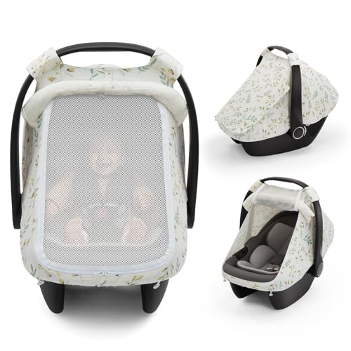 Blissful Diary Baby Car Seat Cover, Extra Large Mesh Window, Breathable Muslin Cotton, Infant Windproof Canopy, Must-Have Baby Gift - Botanical Leaf - color: Botanical Leaf