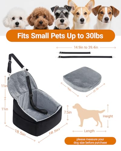 Dog Car Seat for Small Dogs, Dog Booster Seat with Extendable Backrest, Pet Car Seats up to 30 lbs, Washable Removable Cover Travel Bed with Storage Pockets and 2 Safety Leashes, Black&Grey - color: Black&Grey