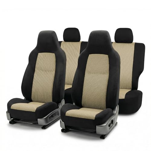 FH Group Automotive Full Car Seat Covers for SUV, Trucks, Sedan and More - Universal Fit Front High Back & Rear Solid Bench Design Interior Accessories - 3D Air Mesh Fabric Center Panel - Beige - color: Beige, size: Full Set