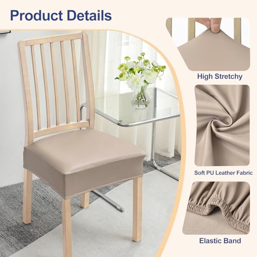 Smiry Waterproof Pu Leather Seat Covers for Dining Room Chairs Set of 4, Stretch Fit Removable Washable Kitchen Chair Seat Slipcovers Protector, No Rear Covers, Taupe