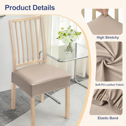 Smiry Waterproof Pu Leather Seat Covers for Dining Room Chairs Set of 4, Stretch Fit Removable Washable Kitchen Chair Seat Slipcovers Protector, No Rear Covers, Taupe