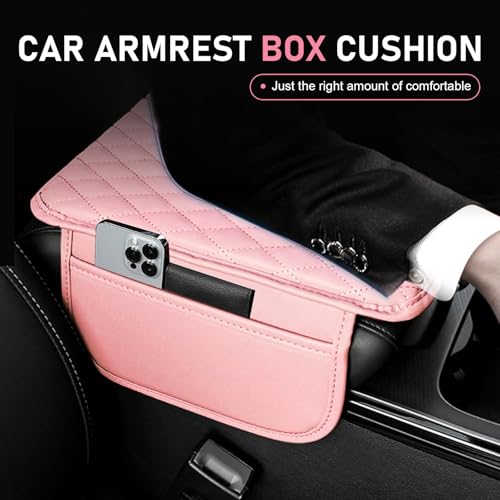 Car Middle Center Console Cover, Stylish Leather Scratch-resistant Non-slip Armrest Cover, Classic Center Console Protective Decoration with Storage Pocket, Universal for Most Vehicles (Pink)