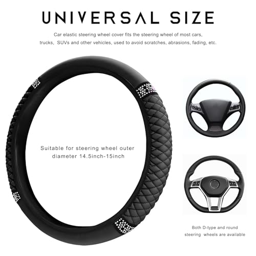 Bling Car Steering Wheel Cover, 15 Inch Sparkly Rhinestone Soft Leather Steering Wheel Protector, Non-Slip Universal Auto Elastic Steering Wheel Covers for Women Girls (Black)