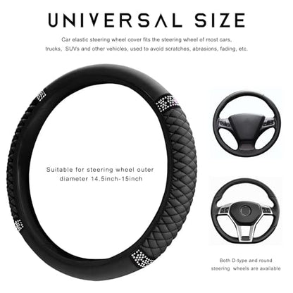 Bling Car Steering Wheel Cover, 15 Inch Sparkly Rhinestone Soft Leather Steering Wheel Protector, Non-Slip Universal Auto Elastic Steering Wheel Covers for Women Girls (Black)