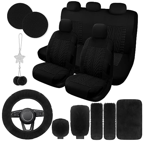 17 Car Seat Cover Full Set for Women,Universal Car Seat Cover,Plush Steering Wheel Cover,Fluffy Soft Wool Handbrake Gear,Suspension Accessories Full SUV((Patterned Black - color: Patterned Black