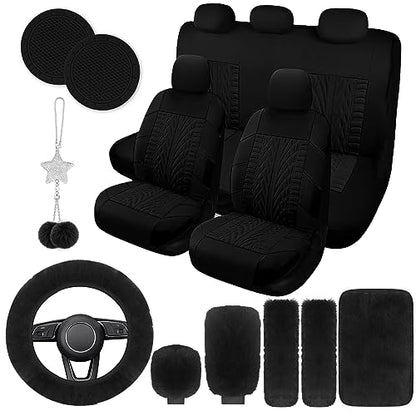 17 Car Seat Cover Full Set for Women,Universal Car Seat Cover,Plush Steering Wheel Cover,Fluffy Soft Wool Handbrake Gear,Suspension Accessories Full SUV((Patterned Black - color: Patterned Black