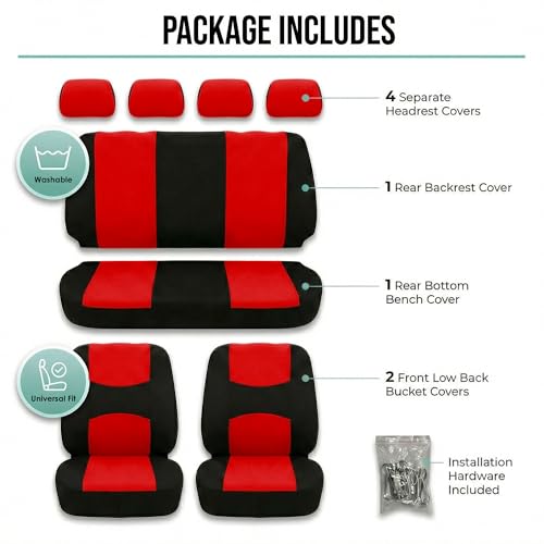 FH Group Bright Flat Cloth Full Set Automotive Seat Covers Front Set and Rear Solid Bench Red Black Seat Covers w. Gift Universal Fit Interior Accessories for Cars Trucks and SUVs - color: Red