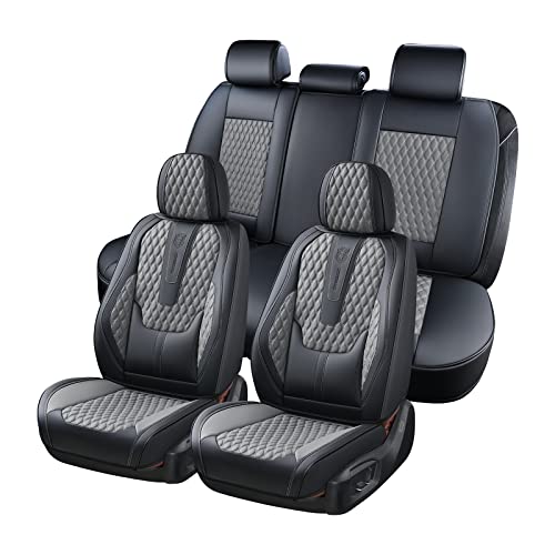 Coverado Car Seat Covers Full Set, Nappa Leather Seat Covers for Car, Waterproof Car Seat Protector with Lumbar Support, Automotive Seat Covers Universal Fit for Most Cars SUV Trucks (Black&Gray) - color: A/Black&Gray, size: FullSet