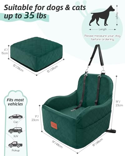 Lealchum Dog Booster Car Seat for Small/Medium Dogs,6in Elevated Cushion,Fully Detachable and Washable,2 Storage Pockets & 3 Straps,Fits in Front/Back Seat,Easy to Install (Green,Medium) - color: Green