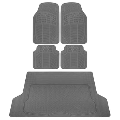BDK OF-554 Rubber Car Floor Mats, Universal Front & Rear Combo Set with Trunk Cargo Mat Liner for Car Sedan SUV Van, Heavy Duty All Weather Trim to Fit - color: Gray